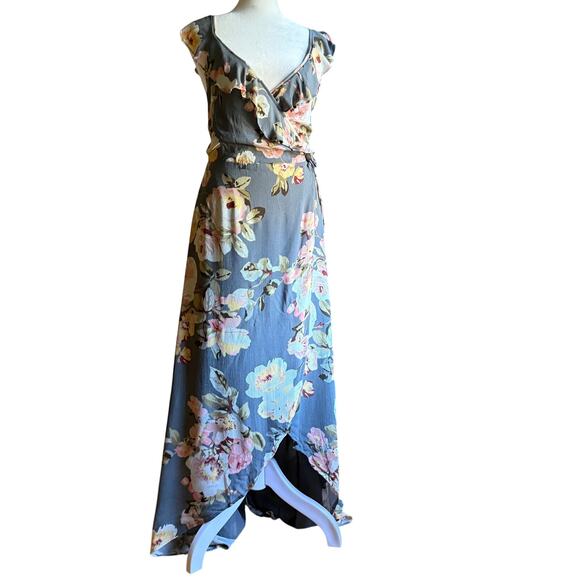 PRIVACY PLEASE Fillmore Gray Floral Wrap High-Low Maxi Dress Asphalt Extra Small - Picture 2 of 6